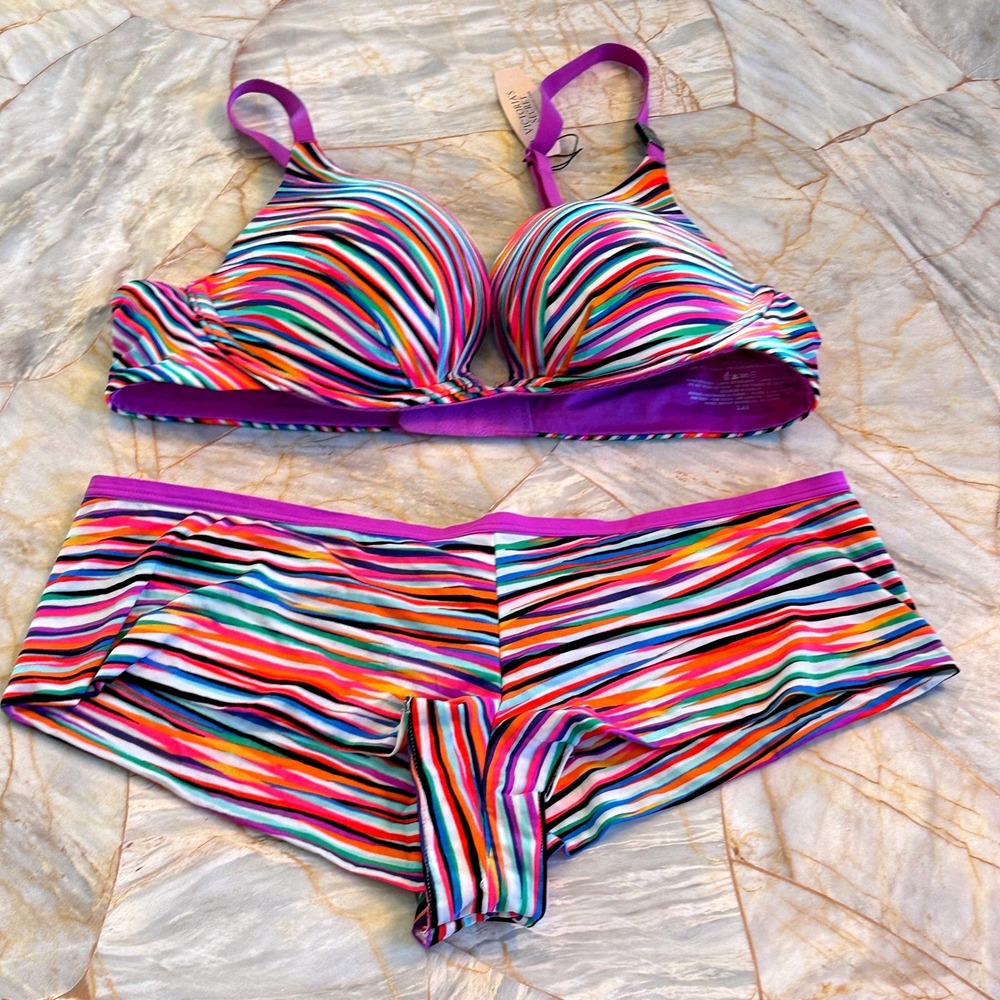 Victoria's Secret Vintage Y2K Rainbow Stripe Push Up Bikini Set 34B Medium NWT